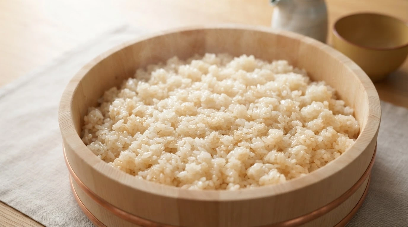 Perfectly prepared sushi rice in a wooden bowl with a glossy finish